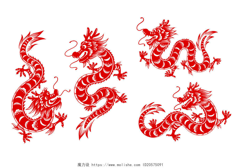 传统中国风红色龙年剪纸龙纹生肖新年过年窗花红包龙年春节新年